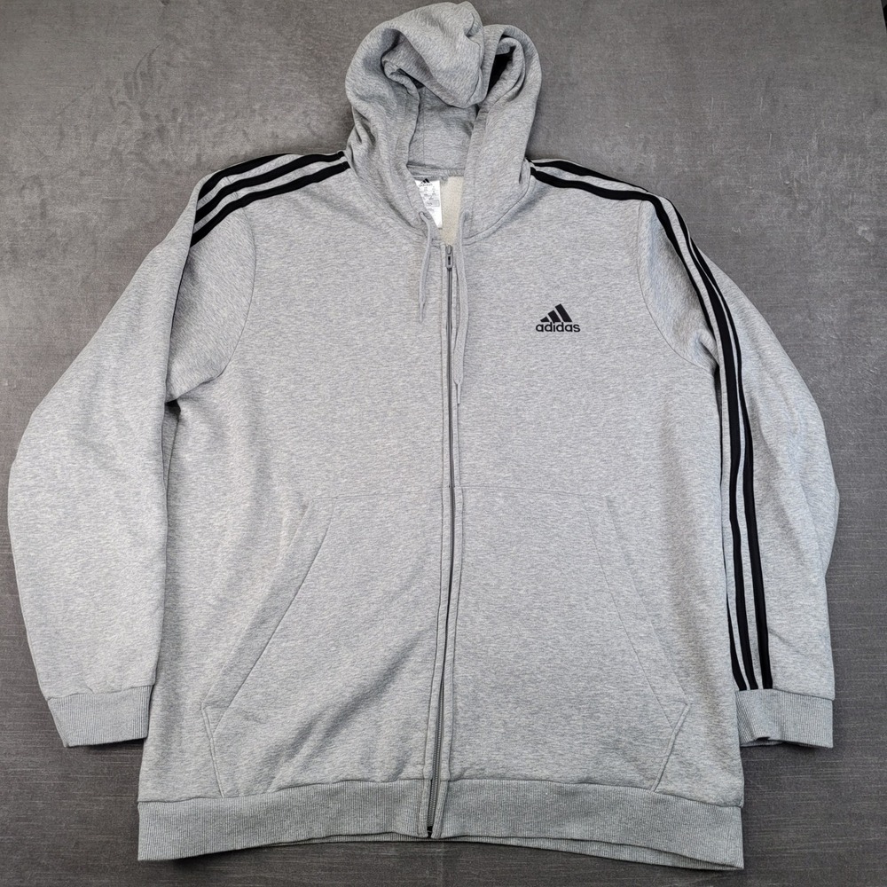 Adidas Zip Up Hoodie Mens‎ 2XL Gray 3 Stripe Essentials Fleece Sweatshirt